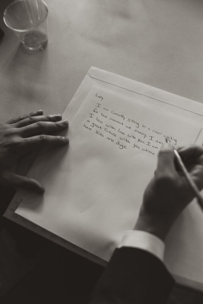 Groom write his vows before ceremony