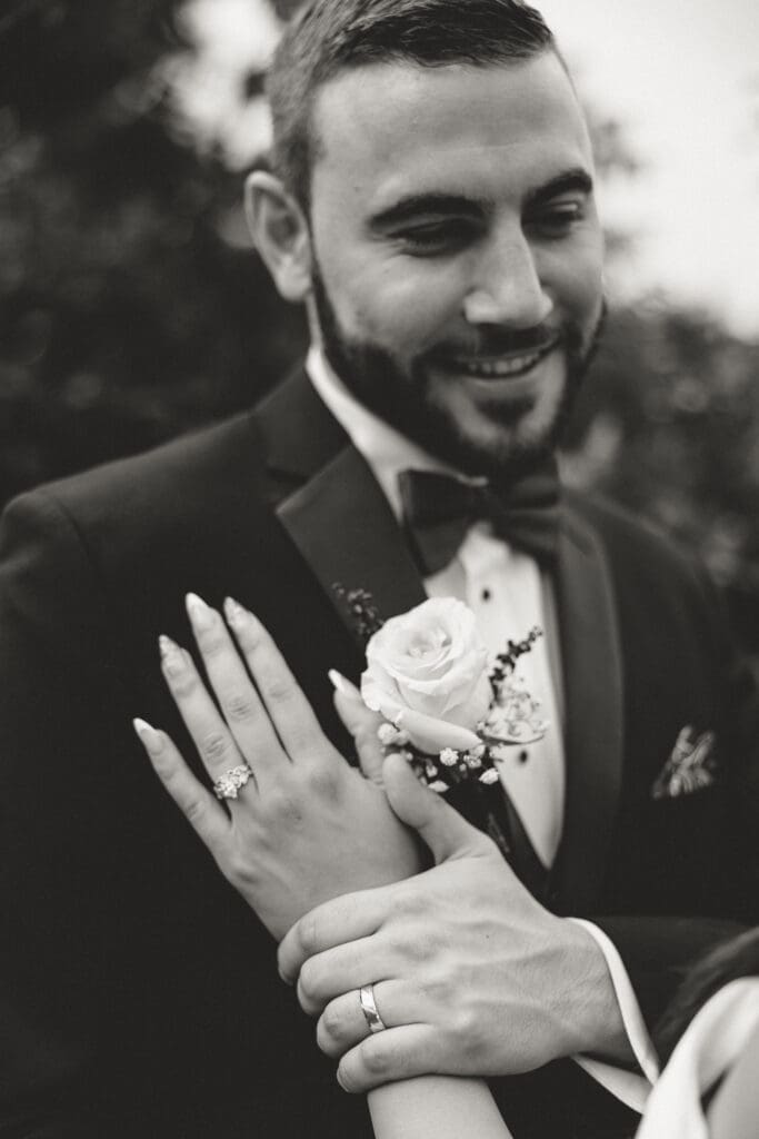 Ring Shot of bride and grooms new wedding bands after their Tyler Arboretum Wedding Ceremony. 