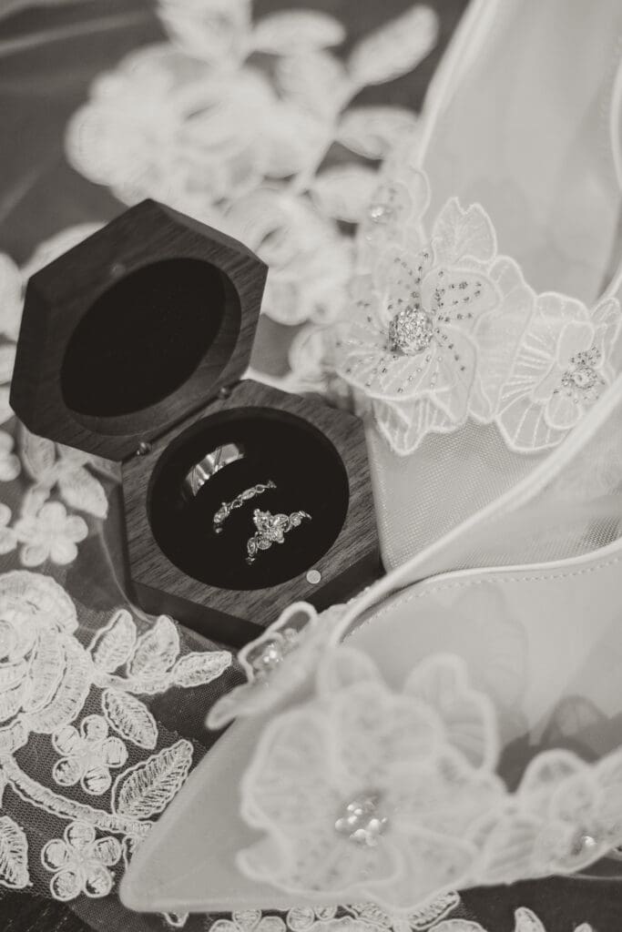 Veil, shoes and ring detail shots at Tyler Arboretum Wedding Venue in Media PA. 