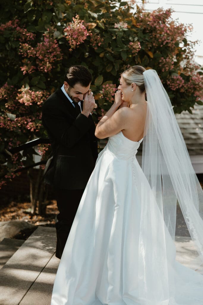 Elegant first look portrait of bride and groom at Luxury country club in Lehigh Valley